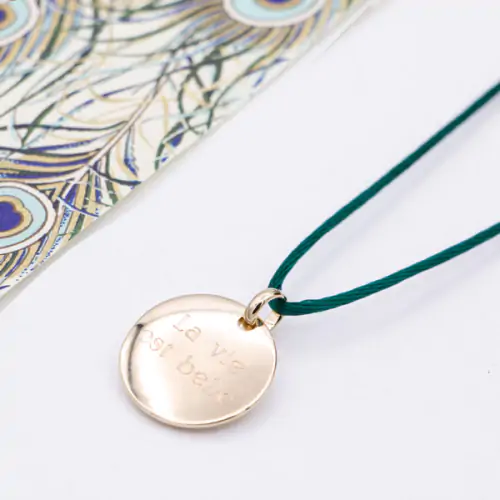 Necklace satin medal engraved gold plated silver Round
